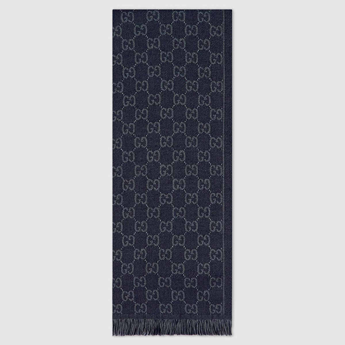 Gucci Men GG Jacquard Pattern Knit Scarf with Fringe