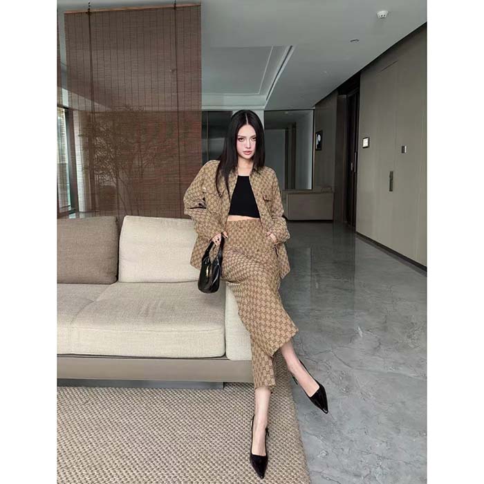 Gucci Women GG Canvas Shirt Point Collar Dropped Shoulder Long Sleeves