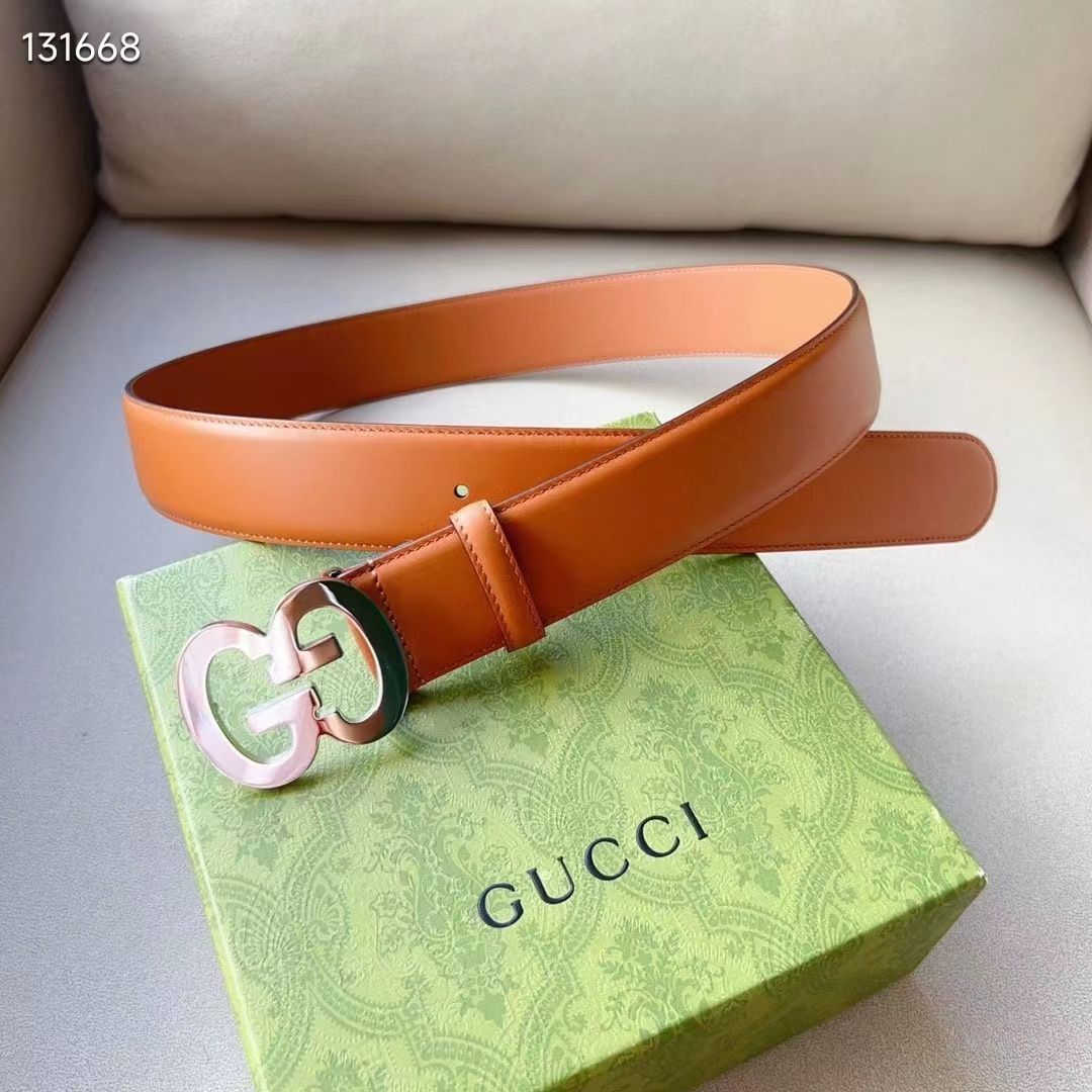 Gucci GG Unisex Buckle Wide Belt Brown Leather Double G 4 CM Width