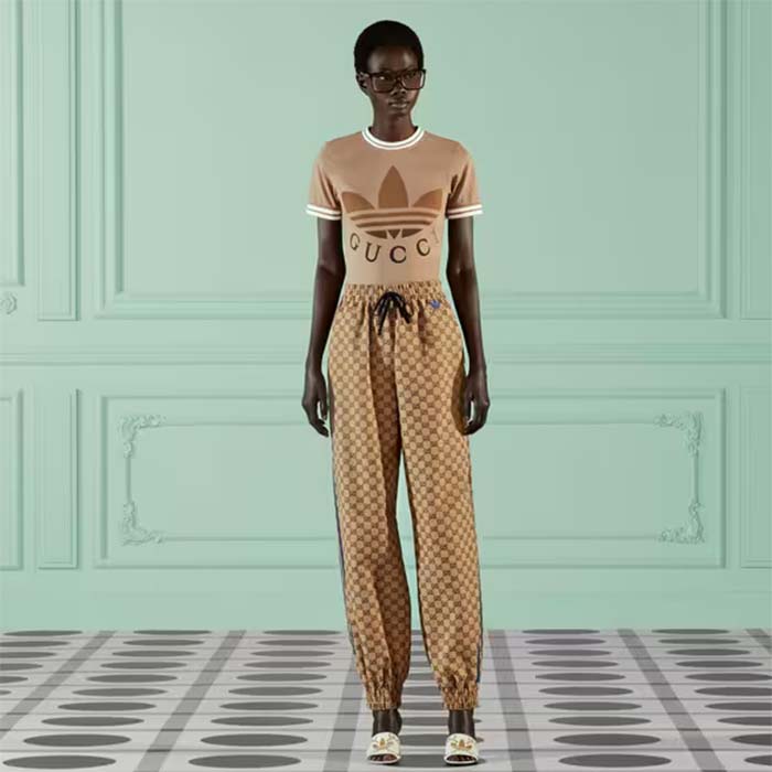 Gucci Women GG Adidas x Gucci Cotton T-Shirt Camel Jersey Trefoil Print Crewneck