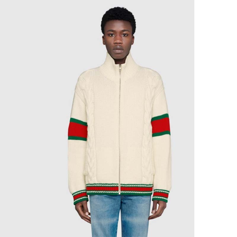 Gucci Men GG Cable Knit Bomber Jacket Off-White Cable Knit Wool