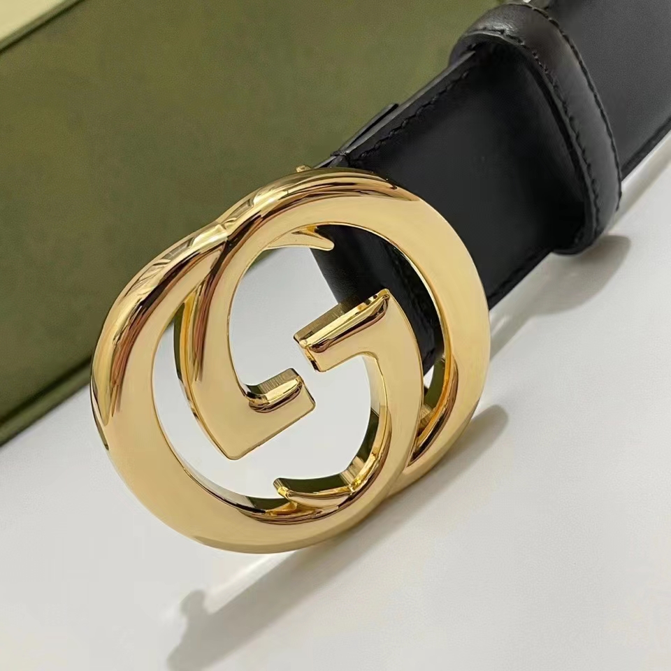 Gucci Unisex Blondie Belt Black Leather Round Interlocking G Buckle 4 CM Width