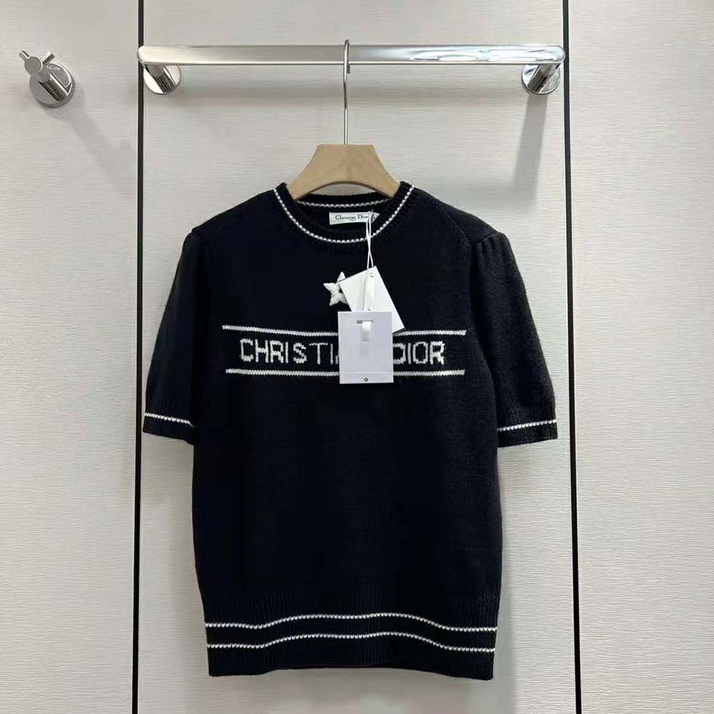 Dior Women Christian Dior Short-Sleeved Sweater Navy Blue Cashmere and Wool Knit