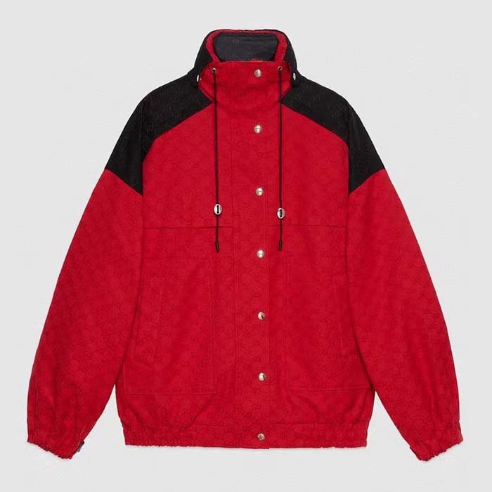 Gucci Men GG Canvas Bomber Jacket High Neck Drawstring Detachable Hood Gilet Dropped Shoulder