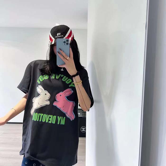 Gucci Women GG HA HA HA Bunny T-Shirt Black Medium Cotton Jersey Crewneck