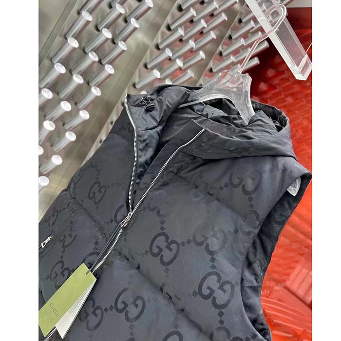 Gucci Women Jumbo GG Canvas Vest Padding Front Pockets Zip Closure Hood Zip Pocket