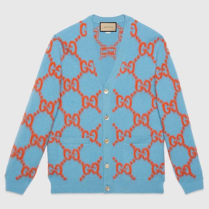 Gucci Women Wool Cardigan GG Intarsia Blue V-Neck Long Sleeves