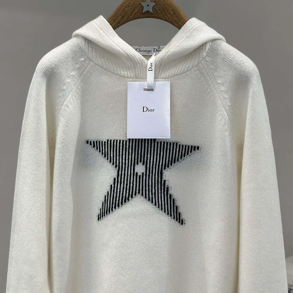 Dior Men DiorAlps Hooded Sweater White Wool and Cashmere Knit with Navy Blue Dior Star Motif