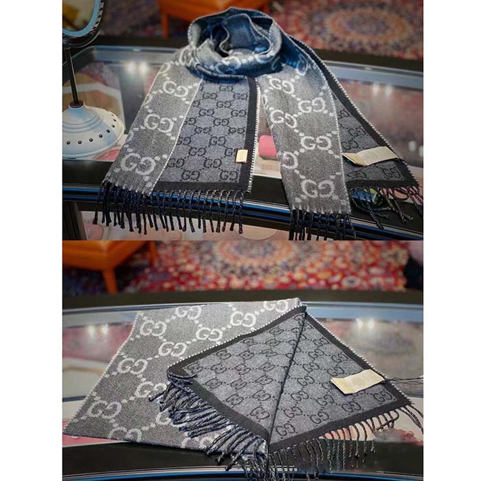 Gucci Unisex GG Jacquard Knit Scarf Tassels Grey Black Wool