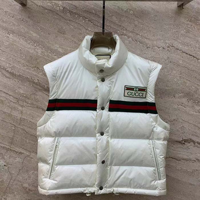Gucci Women GG Padded Nylon Bomber Jacket Web White Goose Down Detachable Sleeves High Neck