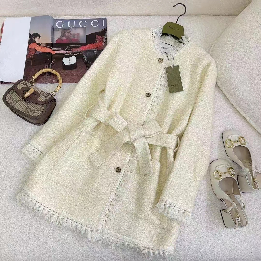 Gucci Women GG Belted Wool Bouclé Jacket White Ribbon Lined Detachable Patch Pockets