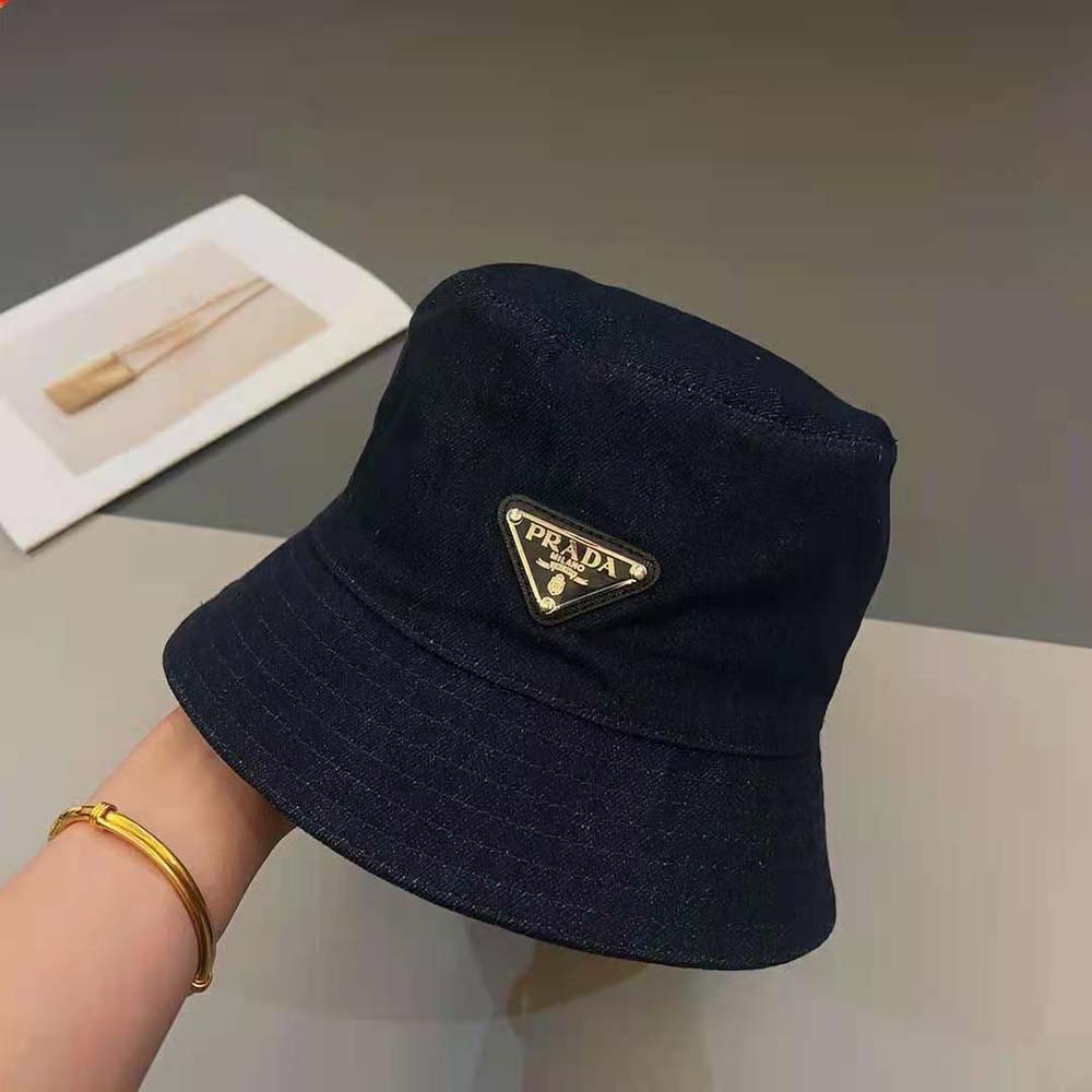 Prada Women Denim Bucket Hat-Navy