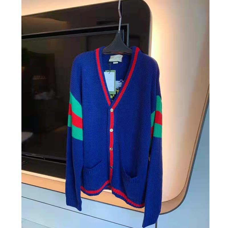 Gucci GG Men Gucci 100 Wool Cardigan Blue Wool Green Red V-Neck