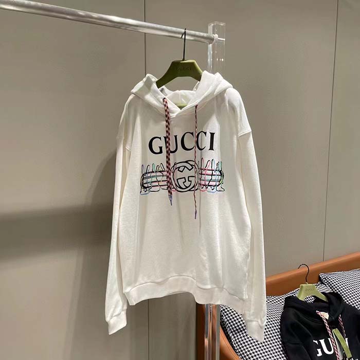 Gucci Women GG Logo Bunny Print Hooded Cotton Sweatshirt Off White Cotton Jersey