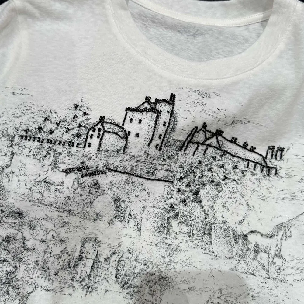 Dior Men T-Shirt White Cotton and Linen Jersey with Black Toile de Jouy Scotland Motif