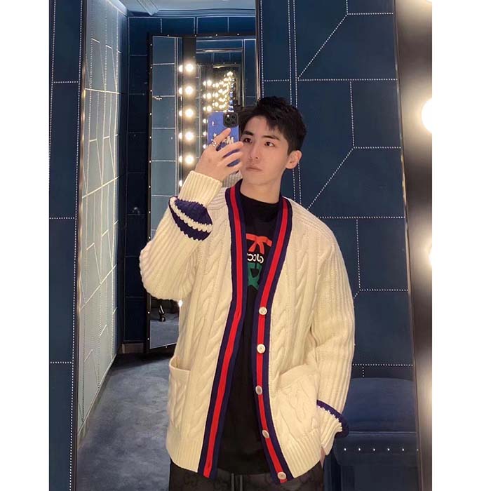 Gucci Men GG Cable Wool Knit Cardigan Web V-Neck Dropped Shoulder Two Front Pockets