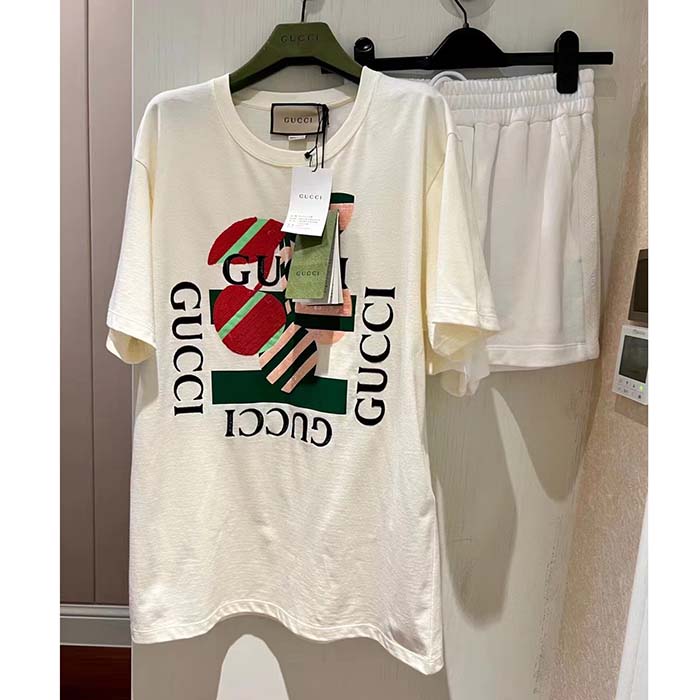 Gucci Women GG Cotton Jersey Printed T-Shirt Off White Cherry Sequin Embroidery