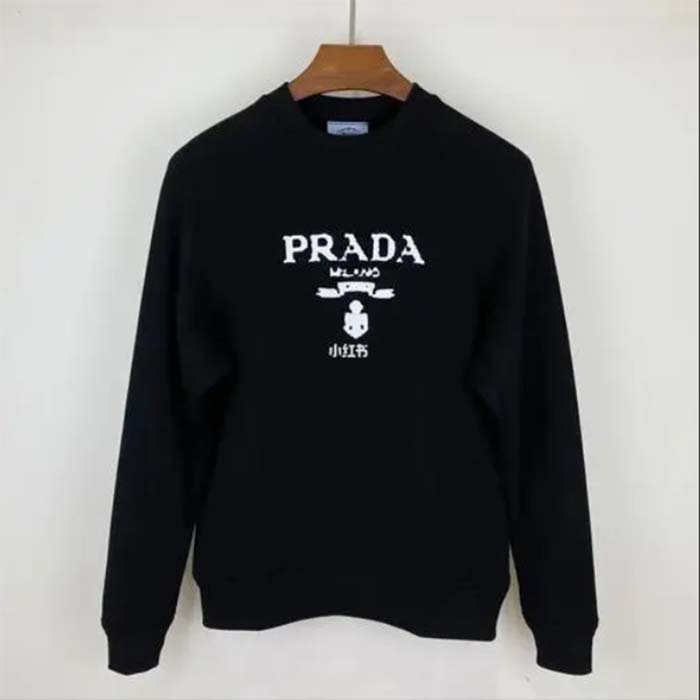 Prada Men Cashmere Wool Prada Logo Crew-Neck Sweater Black Menswear Fit