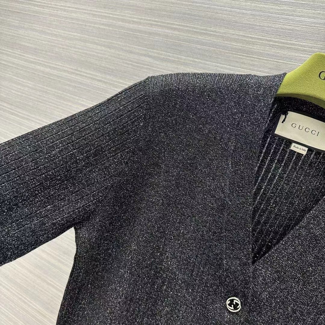 Gucci GG Women Rib Stitch Viscose Lamé Cardigan Interlocking G Buttons V-Neck Long Sleeves