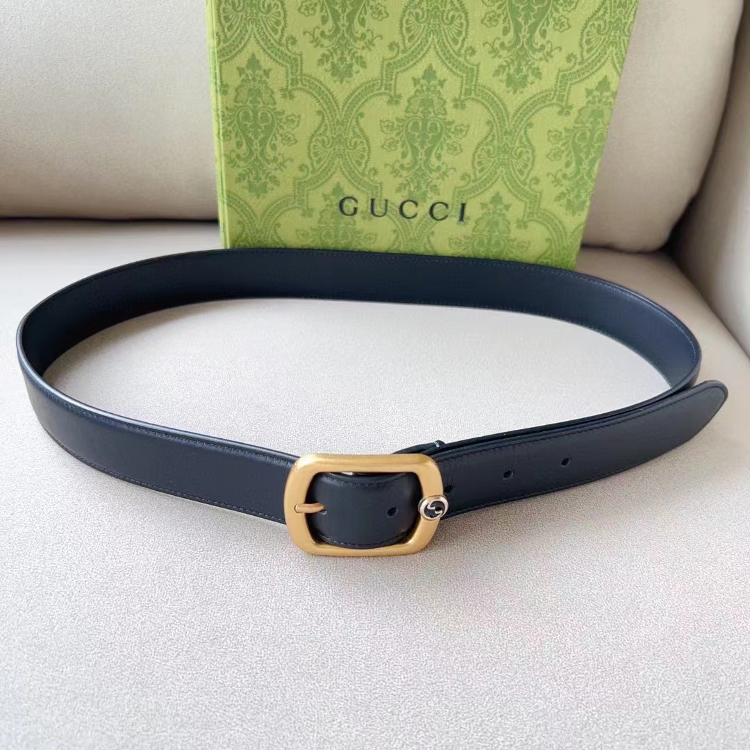 Gucci Unisex GG Belt Rectangular Buckle Black Leather Antique Brass Hardware 3 CM Width
