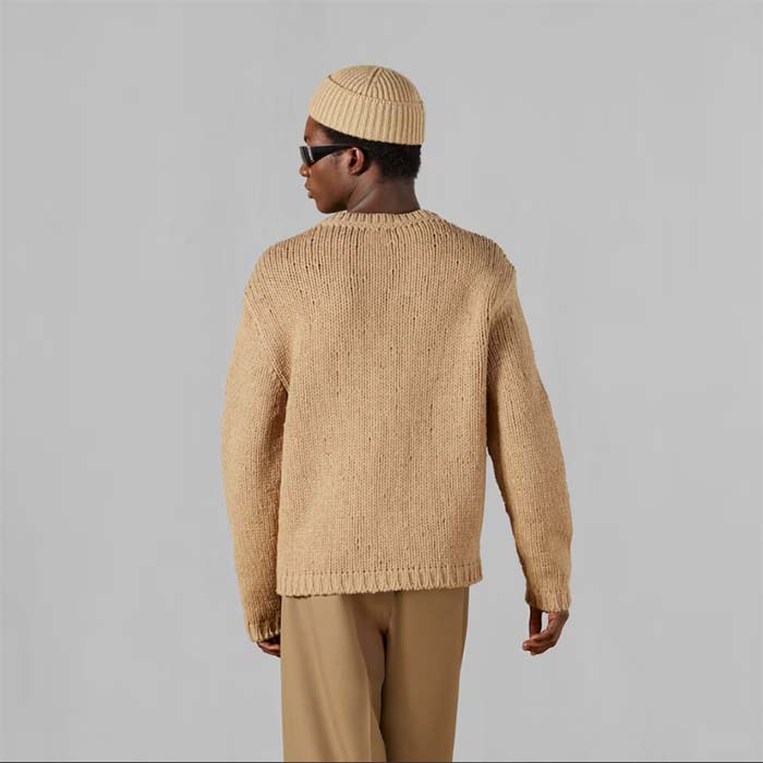 Gucci Men GG Wool Top Gucci Intarsia Camel Wool Crewneck Dropped Shoulder Long Sleeves Rib