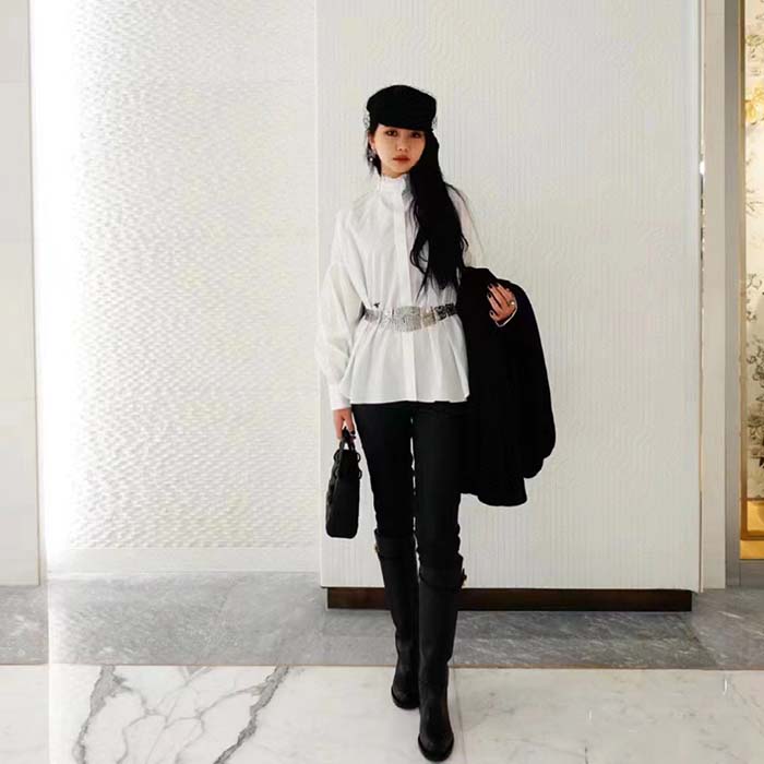 Dior Women CD Blouse White Cotton Poplin Bee Loose Fit Long Sleeves