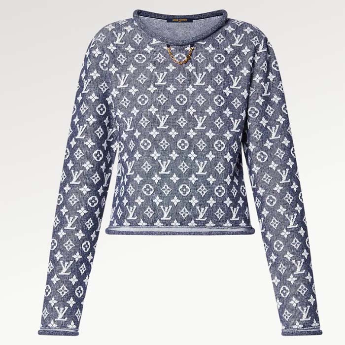 Louis Vuitton Men LV Monogram Jacquard Pullover Wool Cotton Grey Blue Regular Fit
