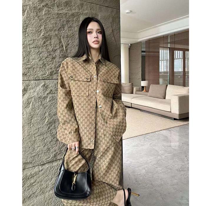 Gucci Women GG Canvas Shirt Point Collar Dropped Shoulder Long Sleeves