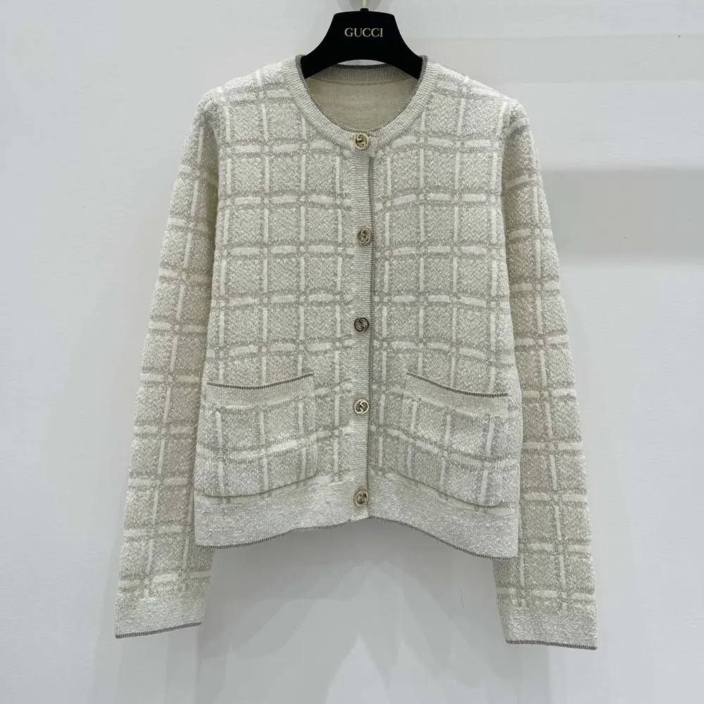 Gucci Women Wool and Lame Check Jacquard Cardigan 805754XKEDI9237
