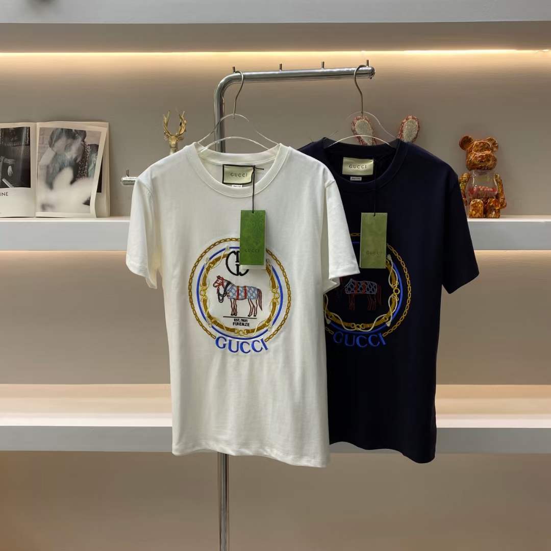 Gucci Women GG Cotton Jersey T-Shirt Interlocking G Crystal Crewneck