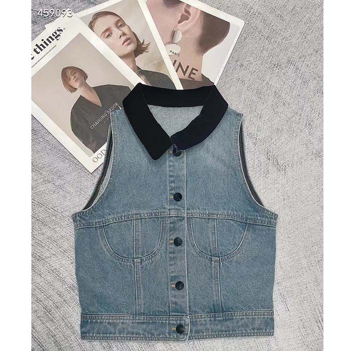 Louis Vuitton Women LV Sleeveless Velvet Accent Denim Jacket Cotton Blue 1AFEQ8