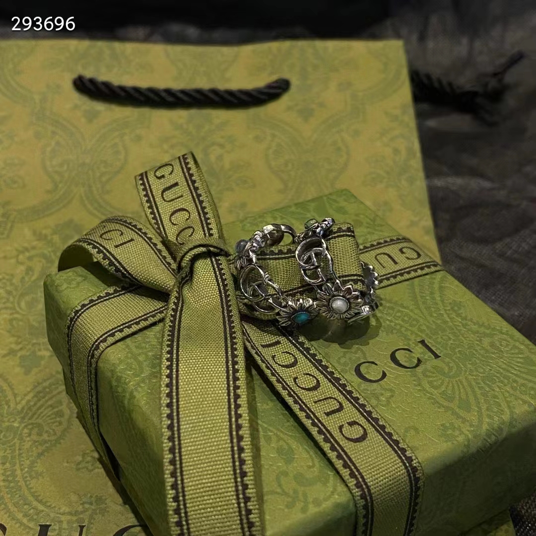 Gucci Unisex Double G Mother Of Pearl Ring Flowers Resin Blue Topaz Stones 925 Sterling Silver