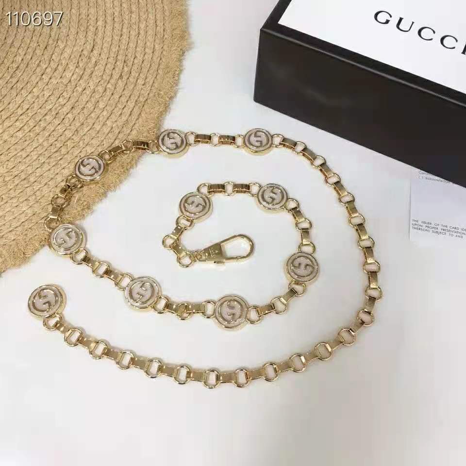 Gucci Women Interlocking G Chain Belt Shiny Gold-Toned Metal Double Chain