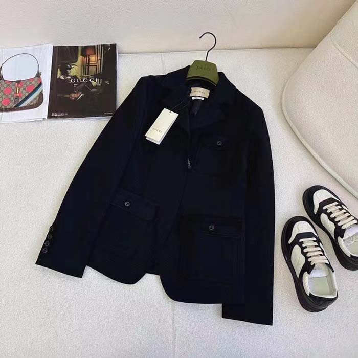 Gucci Women GG Wool Jacquard Jacket Black Lined Notch Lapel Petite Fit