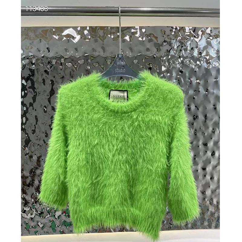 Gucci Women GG Brushed Wool Knit Sweater Bright Green Long Sleeves Crewneck