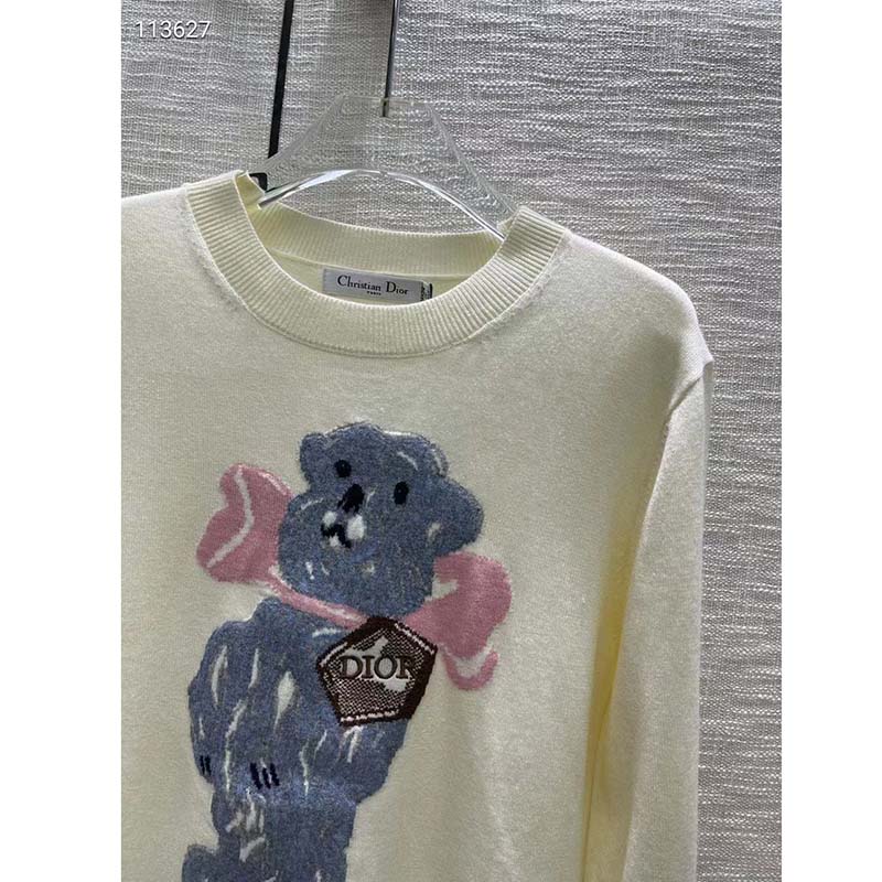 Dior Women CD Bobby Sweater Ecru Cashmere Jacquard Ribbed Round Collar