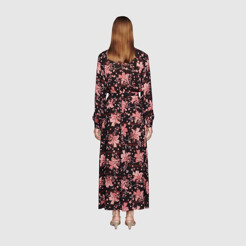 Gucci Women Floral Print Viscose Dress Black Viscose with Pink Floral Print