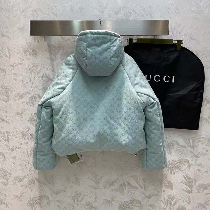 Gucci Men GG Canvas Hooded Bomber Jacket Pale Blue Two Side Pockets Padded Drawstring Hem