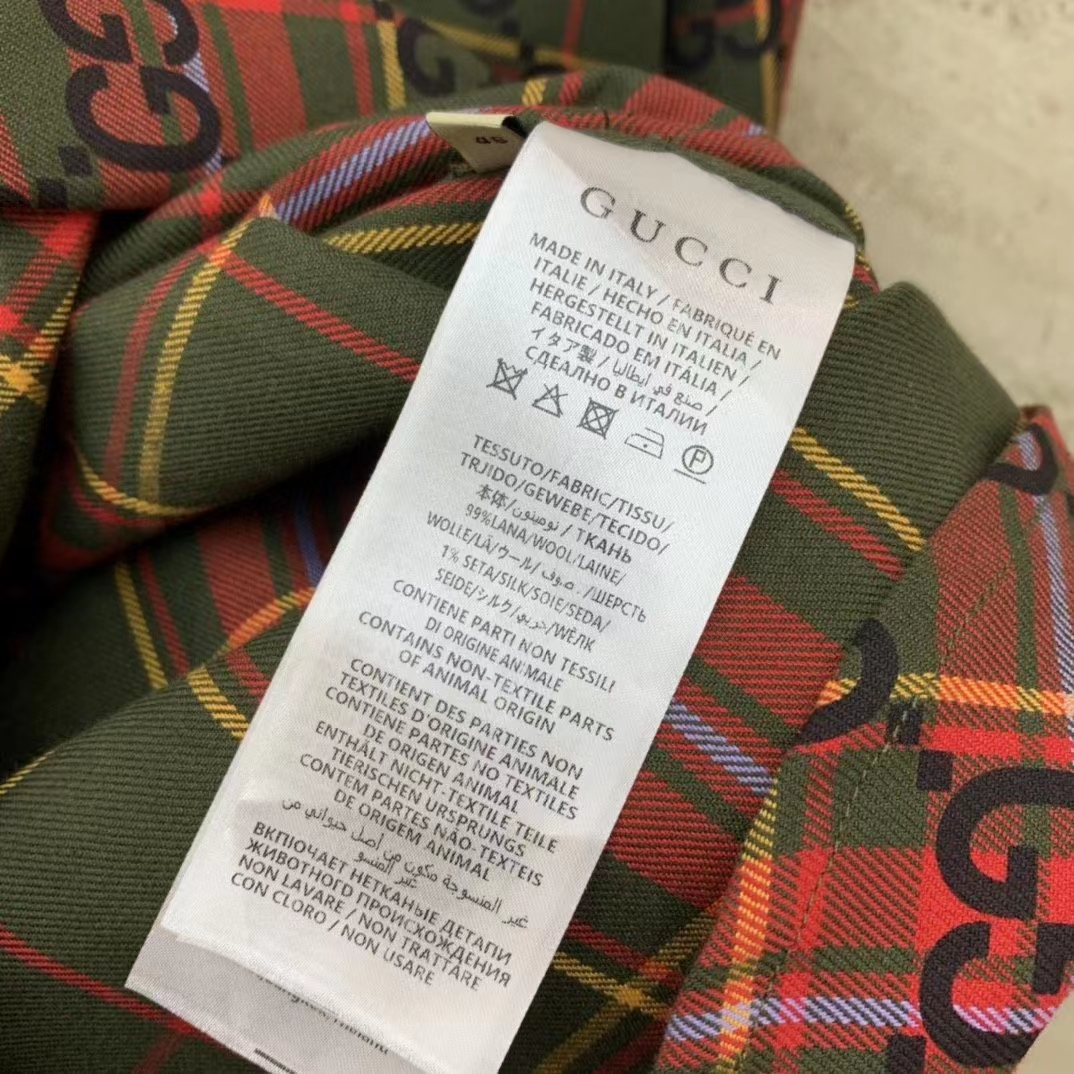 Gucci Women GG Tartan Wool Shirt Green Red GG Point Collar Long Sleeves Button Cuffs