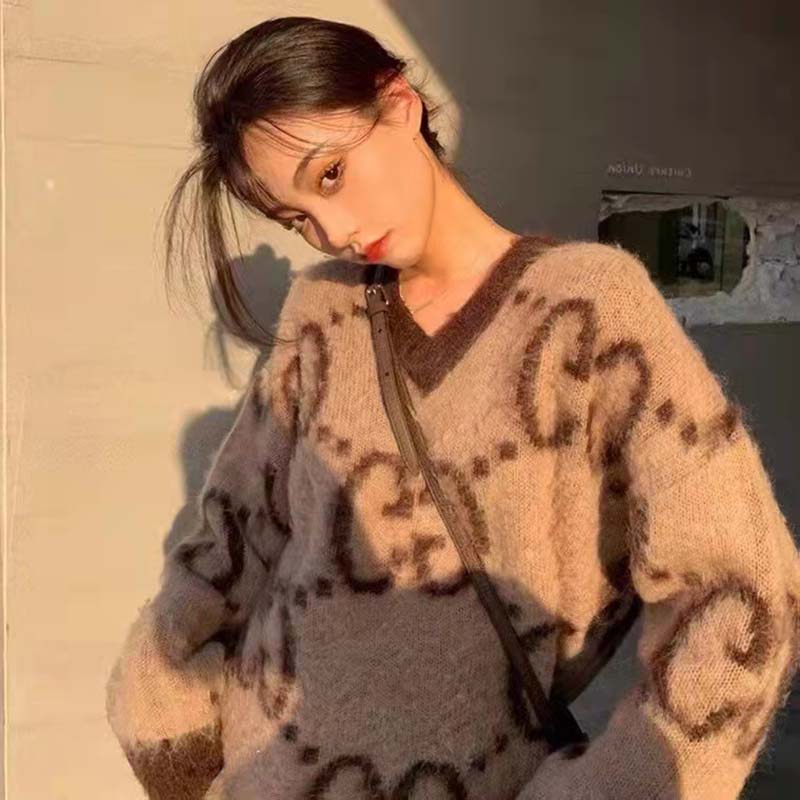 Gucci Women GG Mohair Wool V-Neck Sweater Beige Brown