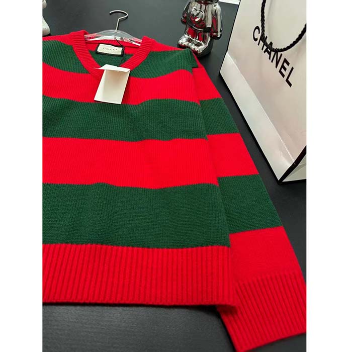 Gucci Men GG Felted Wool Striped Sweater V-Neck Dropped Shoulder Long Sleeves