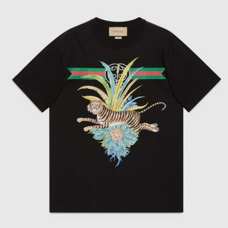 Gucci GG Women Gucci Tiger Flower T-shirt Black Cotton Jersey Crewneck