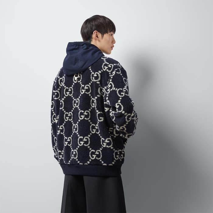 Gucci Men GG Fuzzy Fabric Jacquard Jacket Fixed Hood Drawstring Long Sleeves Front Patch Pocket