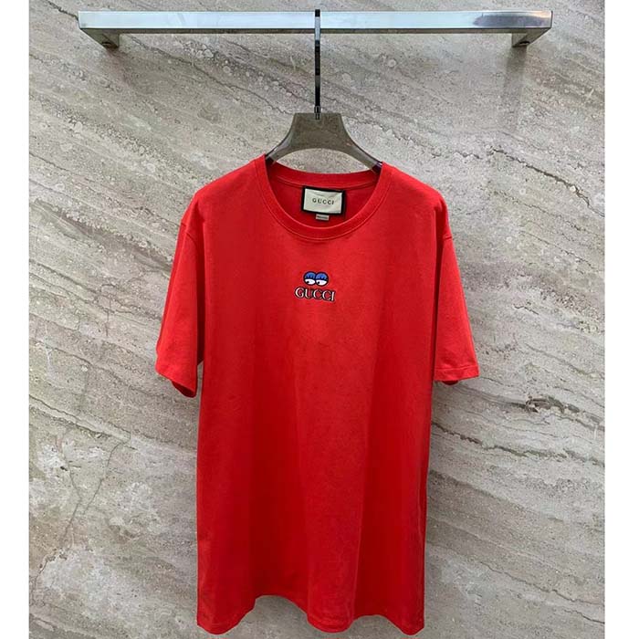 Gucci Men Cotton Jersey T-Shirt Embroidery Eyes Red Crewneck Short Sleeves