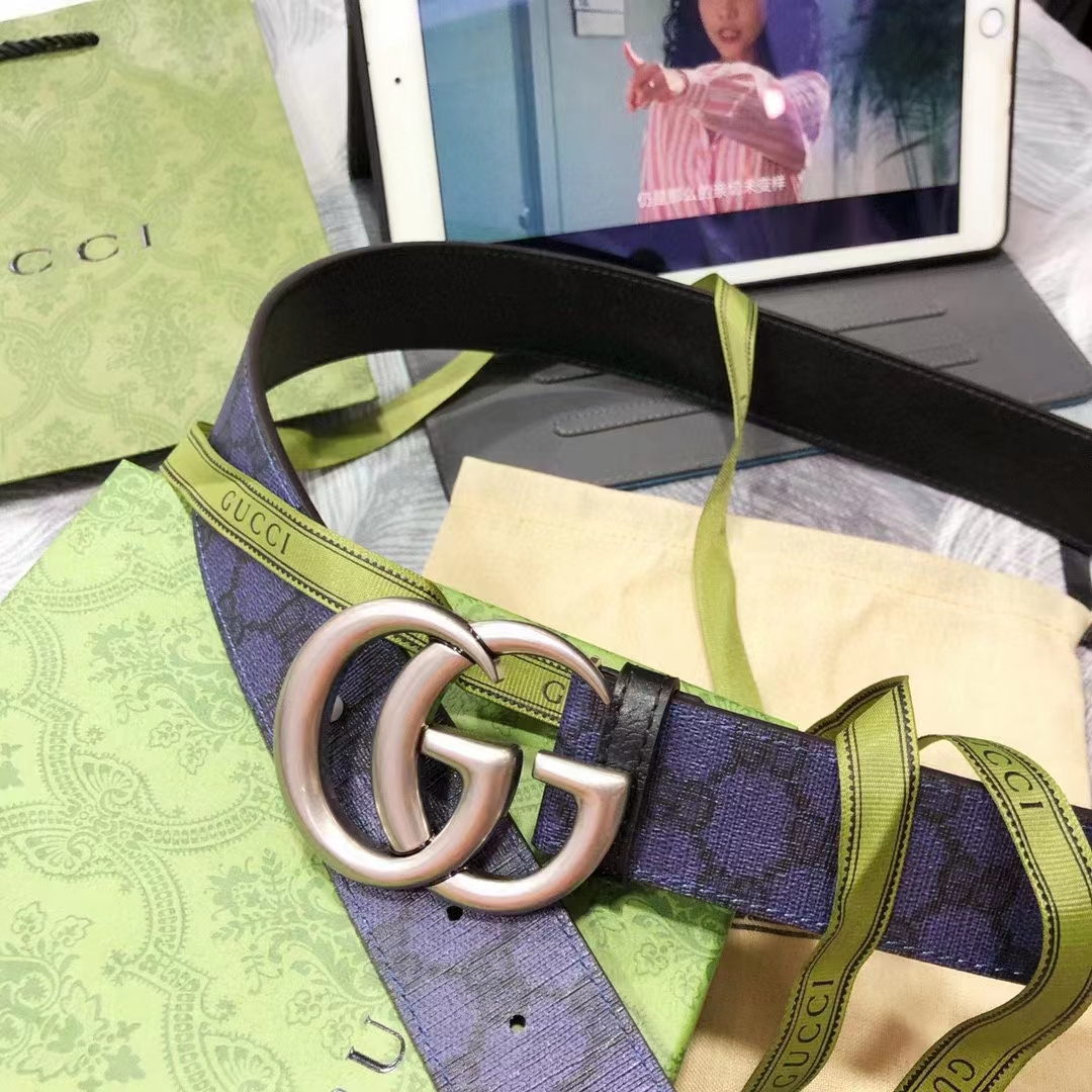 Gucci Unisex GG Marmont Reversible Belt Dark Blue Supreme Canvas Double G Buckle