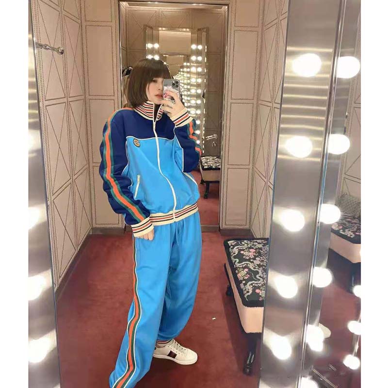 Gucci Women Technical Jersey Zip-Up Jacket with Web Interlocking G-Blue