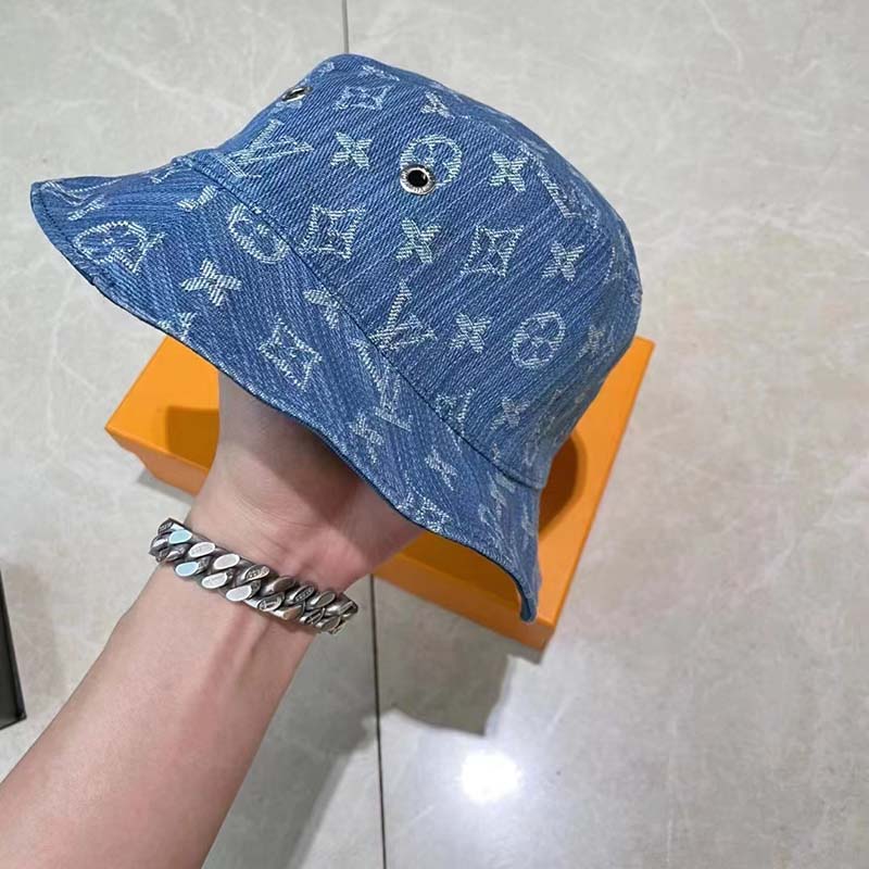 Louis Vuitton Unisex Monogram Essential Bucket Hat Blue Cotton Foil LV Signature