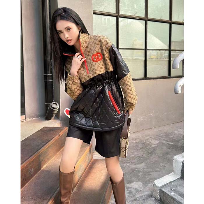 Gucci Women GG Canvas Nylon Zip Jacket Interlocking G Patch High Collar Drawstring Waistband