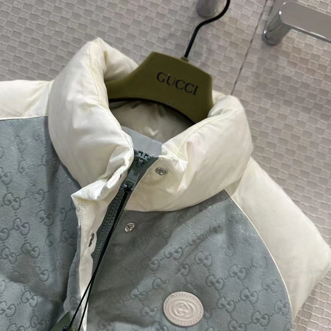 Gucci Women GG Cotton Canvas Padded Vest Blue Lined High Neck Sleeveless Two Side Pockets