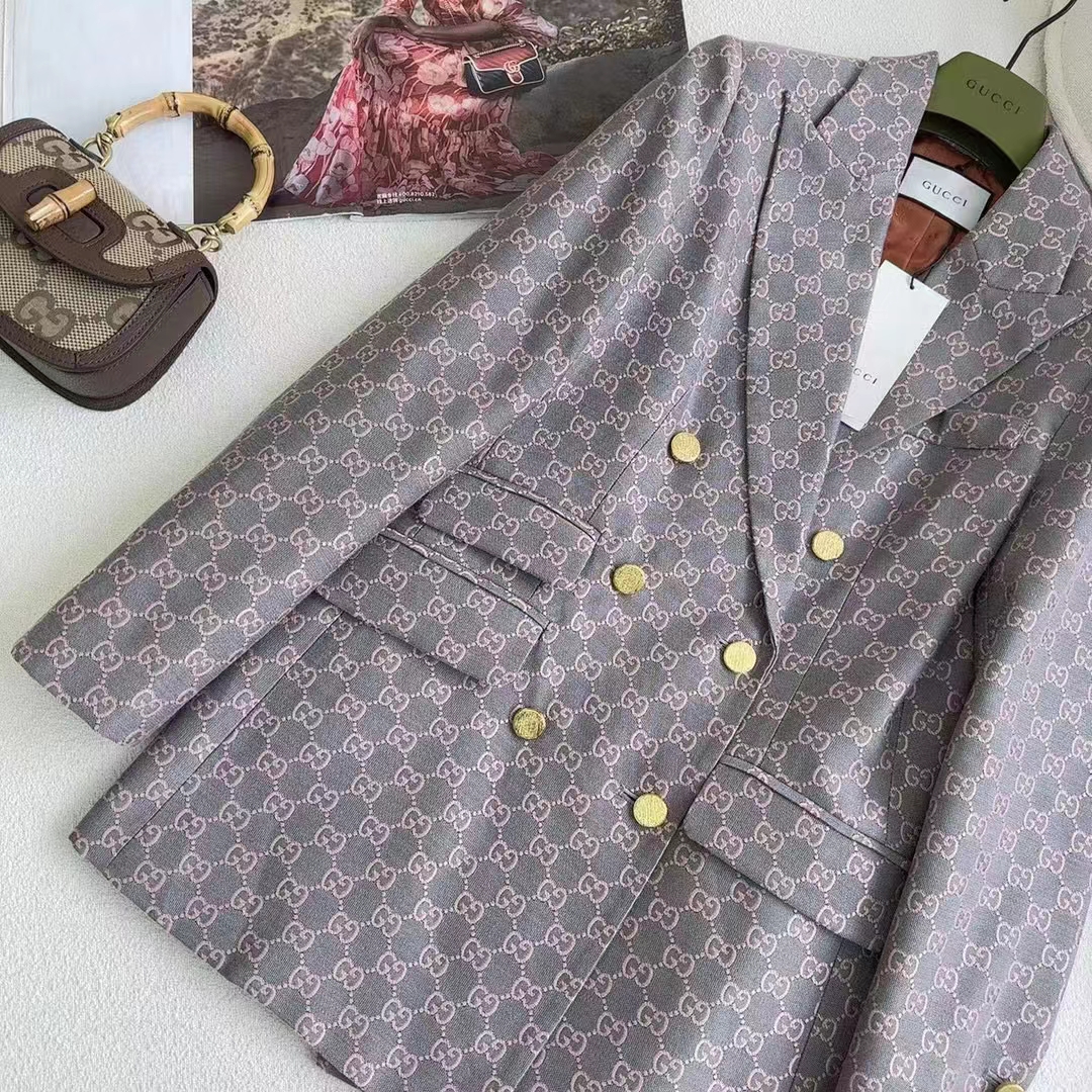 Gucci Women GG Cotton Canvas Jacket Grey Pink Lined Point Revers Double Breasted Fitted Waist